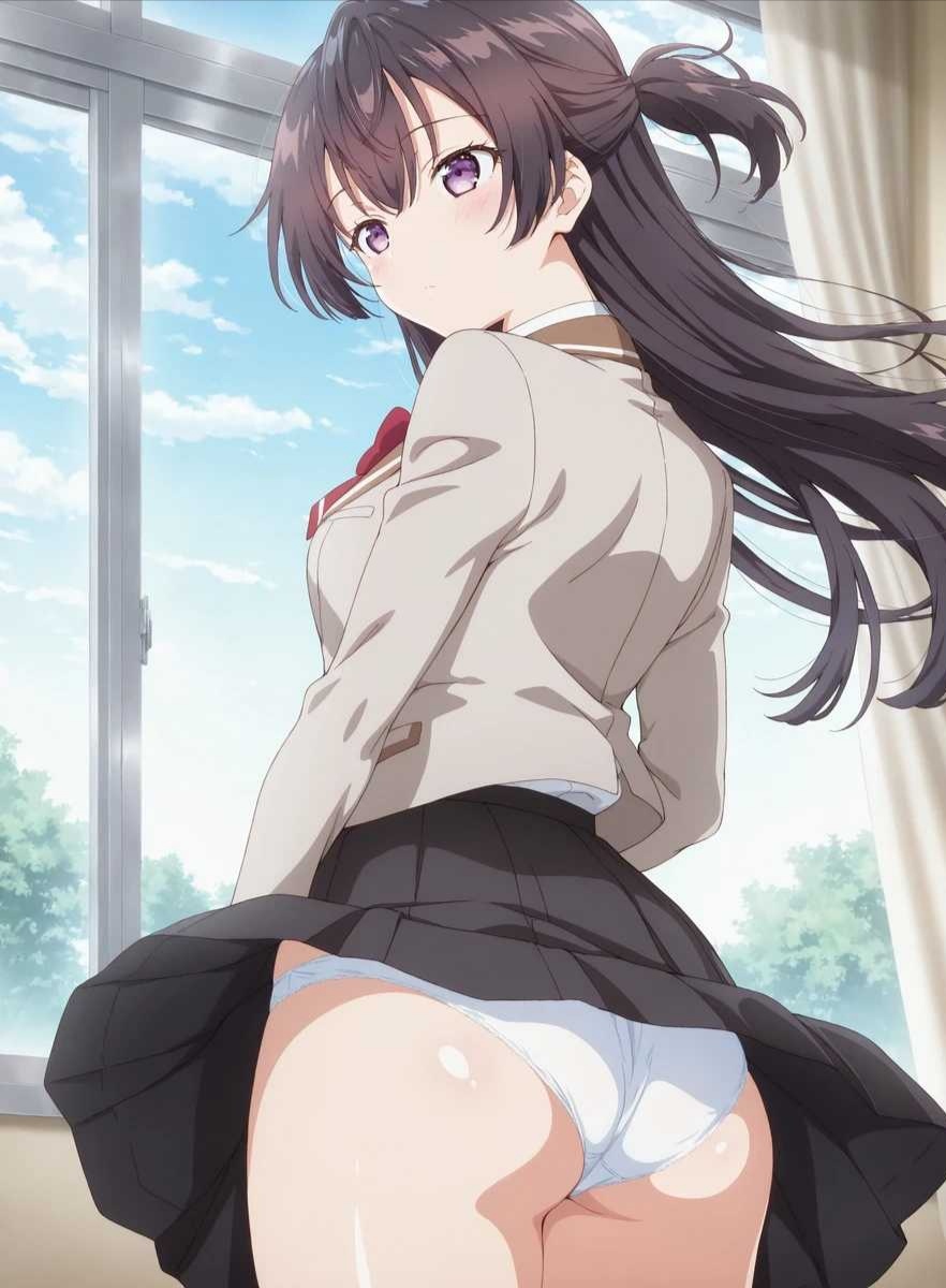 1girls, ai generated, female, looking back, panties, school uniform, skirt up, suou yuki, tokidoki bosotto russian de dereru tonari no alya-san, underwear