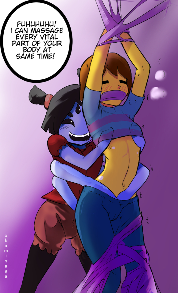 6 arms, ambiguous gender, anthro, anthro on human, assisted masturbation, blush, clothing, english text, female, femdom, frisk, gag, gagged, muffet, multi arm, multi eye, multi limb, okamisaga, restrained, spider, text, undertale, undertale (series)