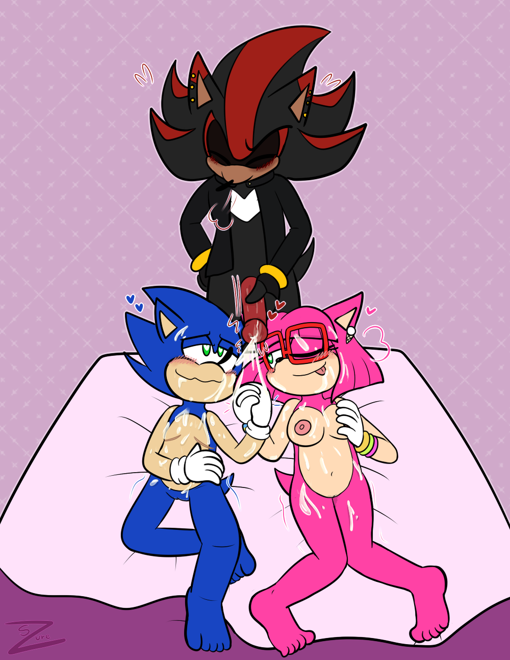 amy_rose andromorph bisexual bisexual_male chest_scar cum cum_on_body cuntboy female furry glasses holding_hands male penis pussy shadow_the_hedgehog silverzure sonic_(series) sonic_the_hedgehog threesome