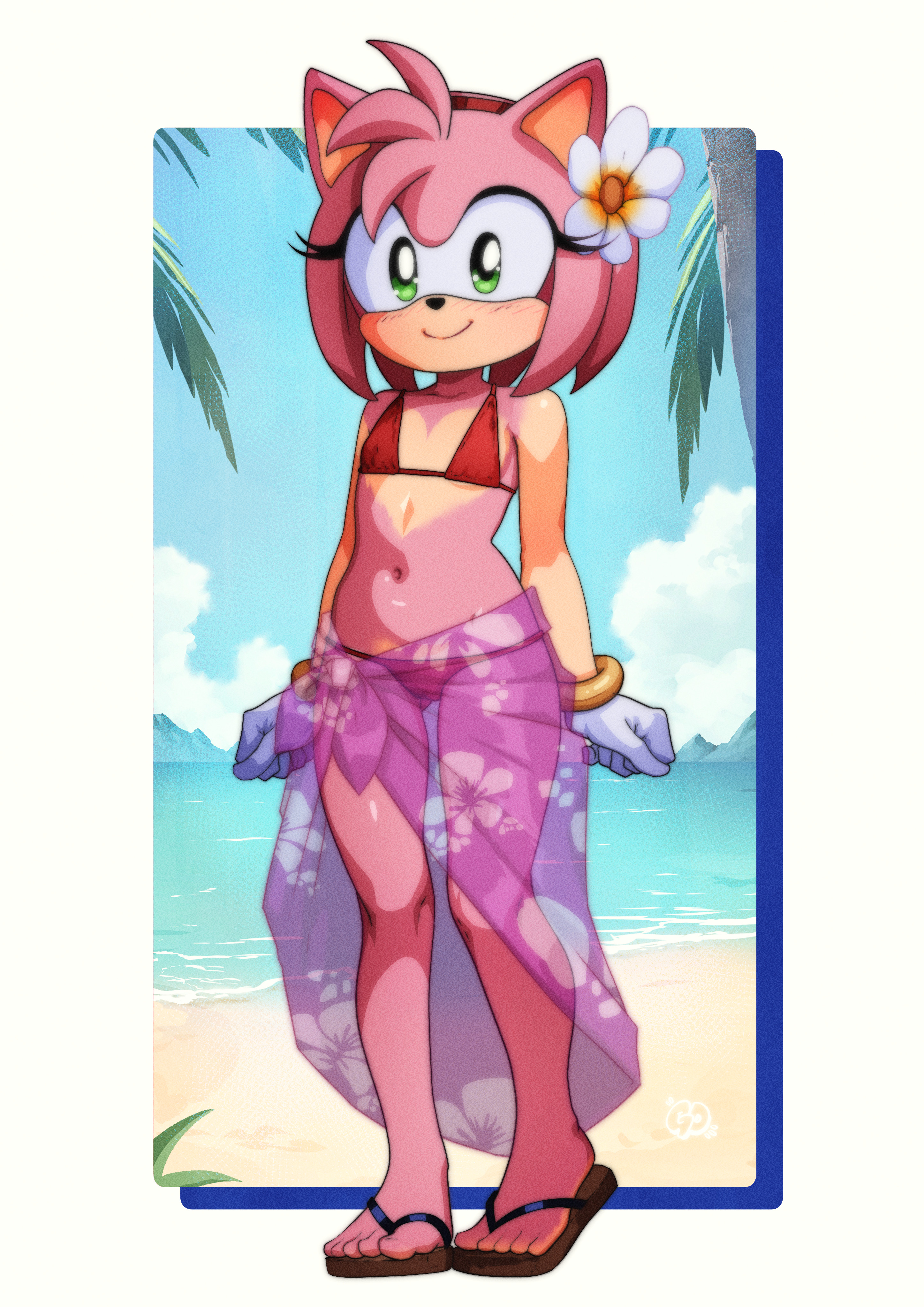 amy rose, beach, bikini, breasts, feet, female, flat chest, flower in hair, furry, gravydood, jpeg, sandals, small breasts, smile, solo, sonic (series), sonic the hedgehog (series), swimsuit, water