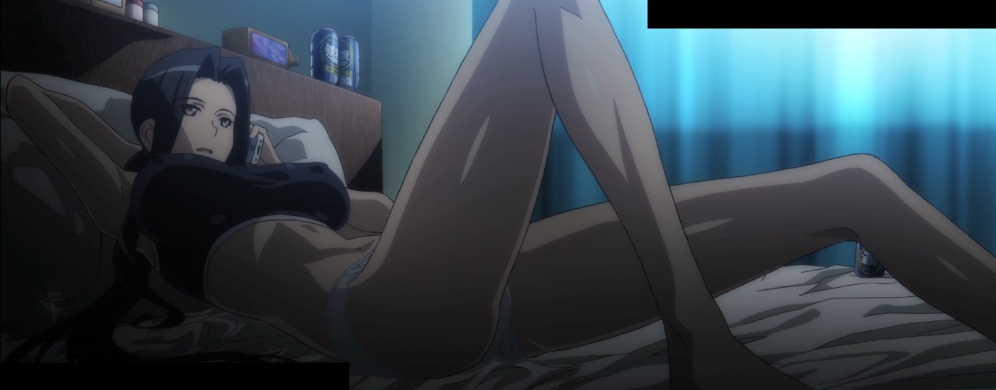 1girls, 2015, abs, anime screencap, ass, bed, black hair, breasts, erect nipples under clothes, female, high resolution, human only, kuroko smith, large breasts, legs, long hair, lying on back, monster musume no iru nichijou, navel, panties, screencap, screenshot, solo, source request, sports bra, stitched, white panties