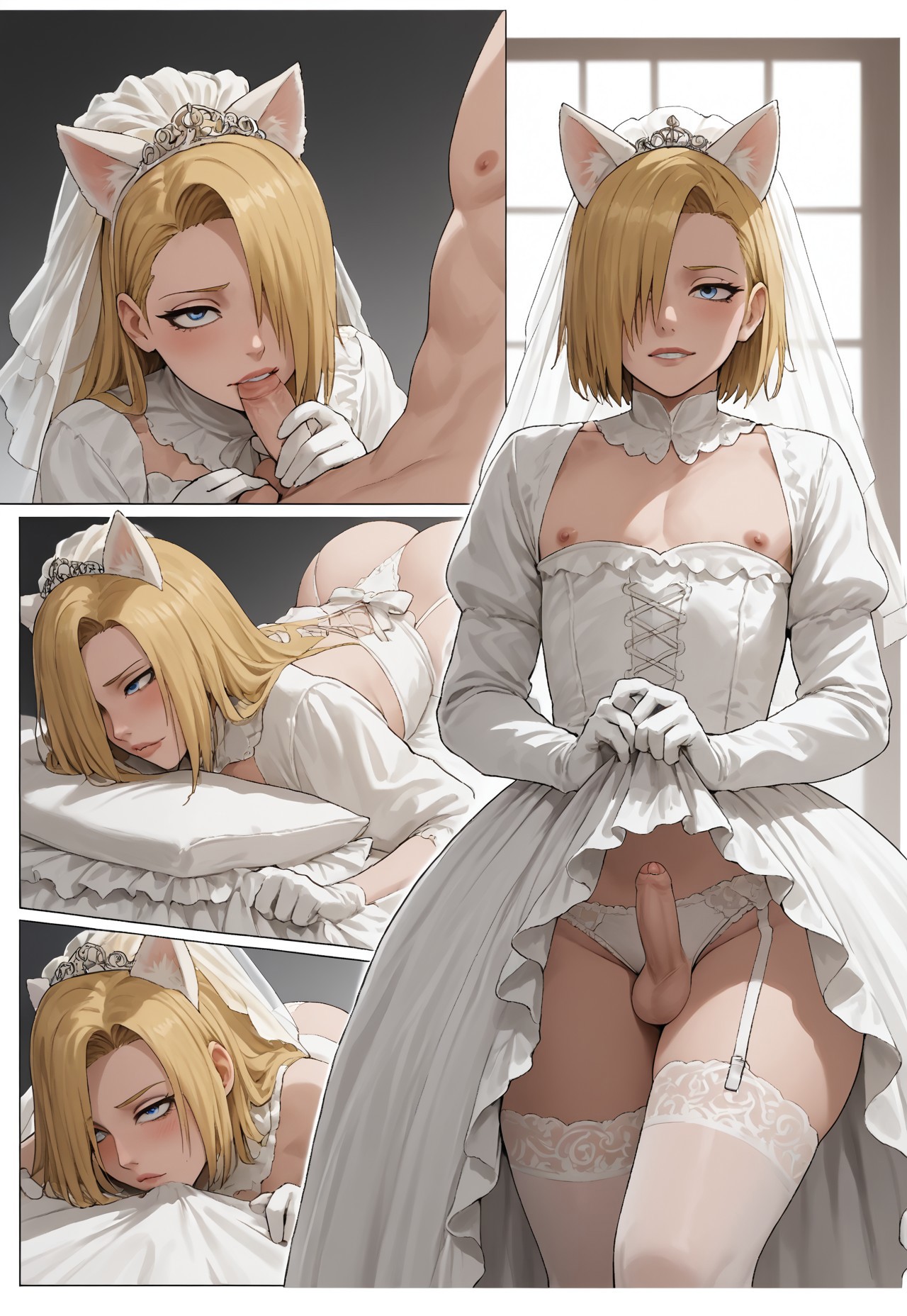 1boy, ai generated, ass, ass focus, blonde hair, blue eyes, blush, boots, bride, butt focus, buttons, deidara, femboy, femboy focus, fishnets, gloves, goth, hair over one eye, kuk, looking at viewer, male, male only, naruto, naruto (series), penis, penis on face, pleasure face, presenting, sissy, skirt, smile, thighs, wedding dress, white clothing