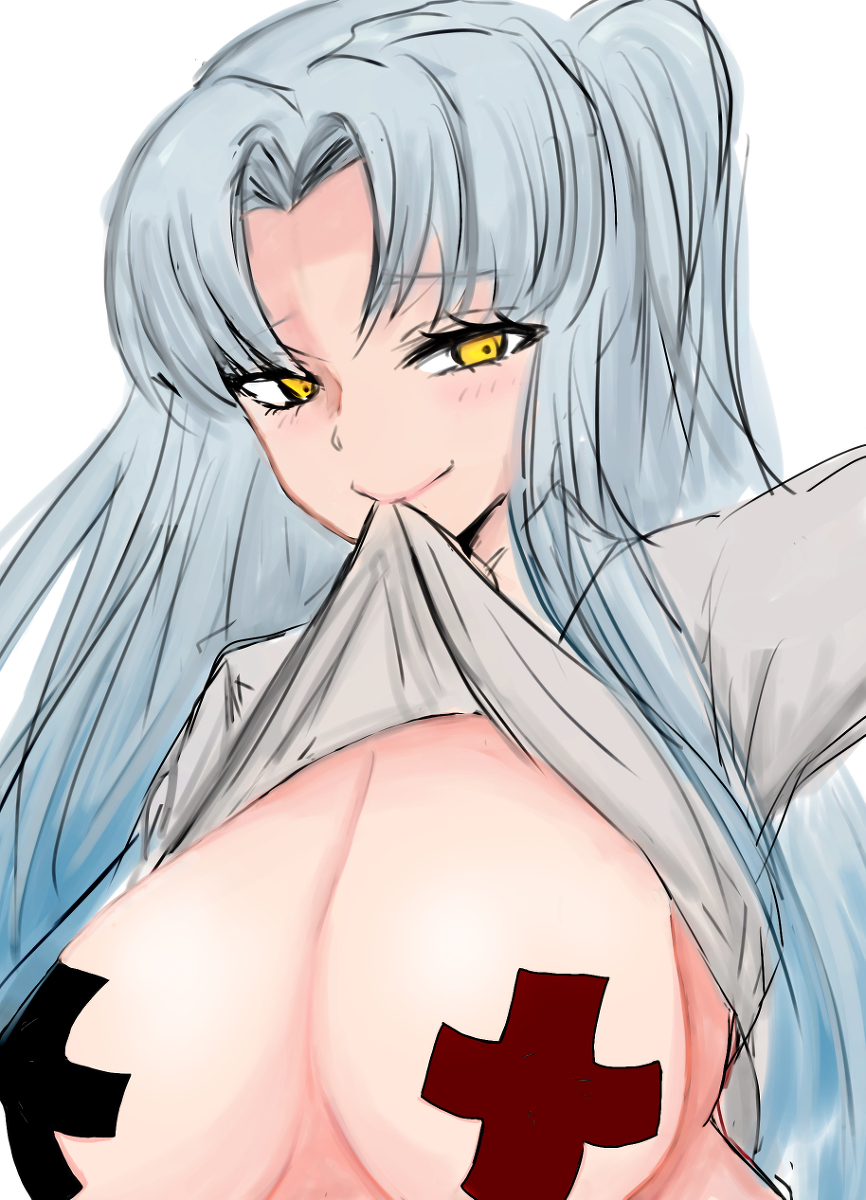 angela (lobotomy corporation), big breasts, breasts, female, lobotomy corporation, pasties, project moon, smartphone, ten oekaki, x pasties, yellow eyes