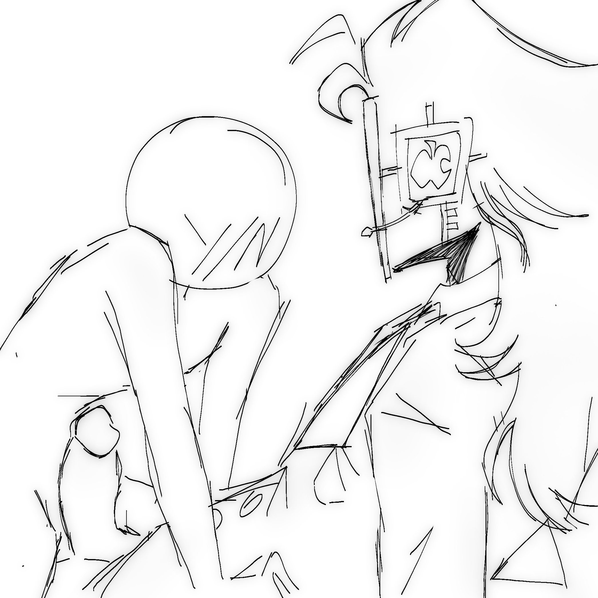 1boy, ambiguous gender, bald, before sex, black and white, colorless, diantha tha dog, gijinka, humanized, inanimate insanity, inanimate insanity invitational, male, mephone4s (ii), monochrome, no color, object show, object shows, penis, penis out, robot, robot boy, robot humanoid, valkov (artist), white background, y/n