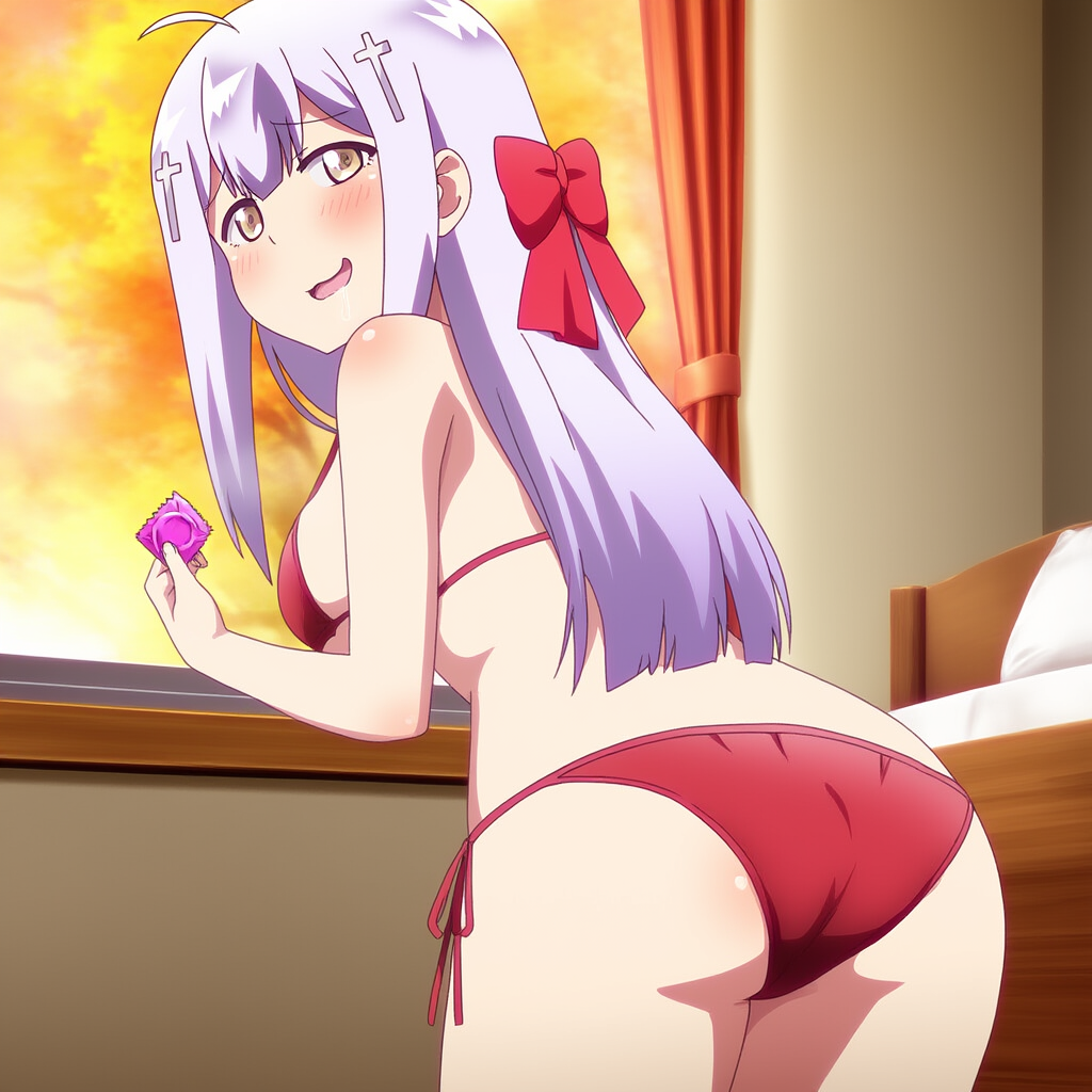 1girls ai_generated ass autumn back bed bedroom bikini condom condom_wrapper cross_hair_ornament gabriel_dropout hair_bun holding_condom indoors long_hair looking_back novel_ai raphiel_shiraha_ainsworth red_bikini red_bra red_panties solo standing white_hair window yellow_eyes