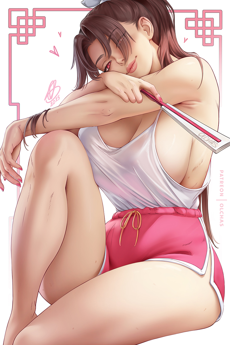 armpit_crease bare_legs breasts brown_hair closed_mouth dolphin_shorts drawstring eyes_visible_through_hair fatal_fury female folded_fan folding_fan hair_over_one_eye hand_fan highres holding holding_fan knee_up large_breasts lips looking_at_viewer mai_shiranui motoyui olchas pink_shorts ponytail red_eyes shirt_tucked_in shorts sitting solo street_fighter street_fighter_6 tank_top thighs white_tank_top