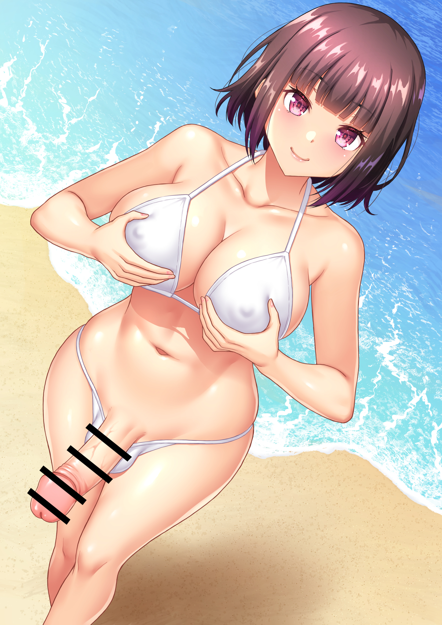1futa, bar censor, beach, big breasts, big penis, bikini, breasts, brown hair, censored, clothed, clothing, erection, futa only, futanari, grabbing own breast, human, intersex, kinokogohan, mostly nude, nipple bulge, penis, penis out, pink eyes, solo, swimsuit