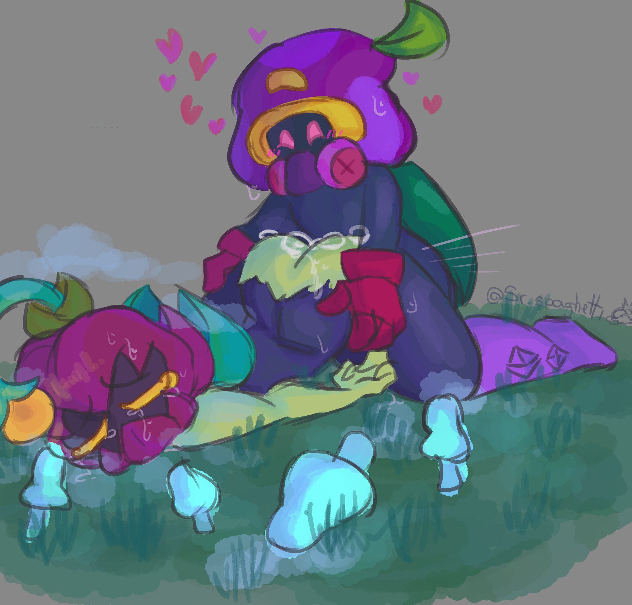 artist request, ass, brawl stars, closed eyes, cordelius (brawl stars), doggy style, female, gas mask, gloves, grabbing from behind, hand on hip, heart, lily (brawl stars), questionable consent, ripped clothing, sex, size difference, somnophilia, straight, torn clothes