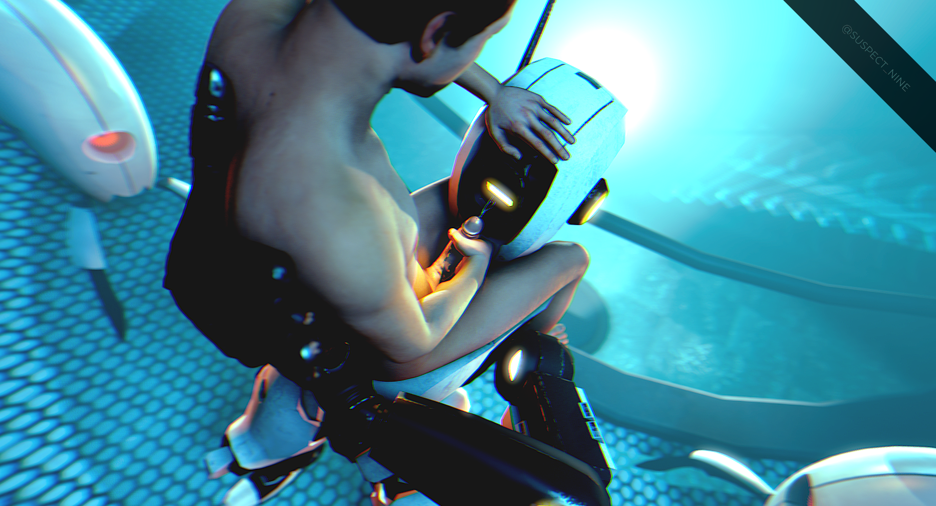 3d, cum, cum on face, dominant female, faceless male, female, femdom, glados, glados (humanoid), hand on penis, male, naked, naked male, penis, portal (series), straight, suspect nine, tagme, technophilia, turret (portal)