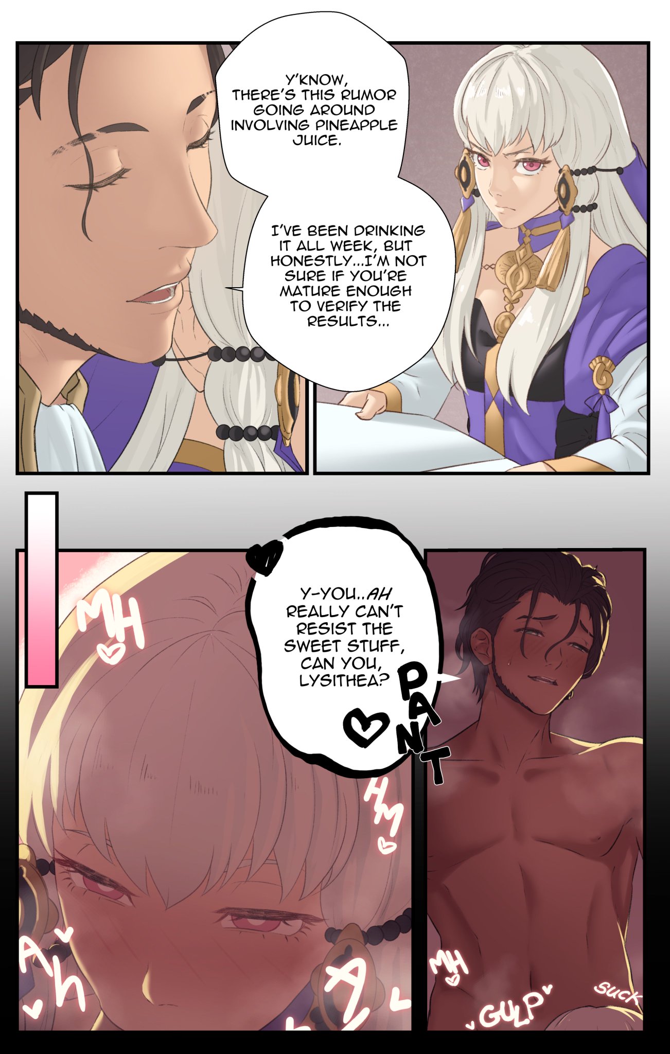 1boy, 1girls, angry, bangs, beard, blunt bangs, book, breasts, brown hair, claude von riegan, comic, dark skin, dark-skinned male, english text, fellatio, female, fire emblem, fire emblem: three houses, green eyes, hair between eyes, half-closed eyes, interracial, light skin, light-skinned female, long hair, lysithea von ordelia, male, nintendo, oral, pink eyes, pomelomelon, short hair, small breasts, smile, sound effects, text, white hair