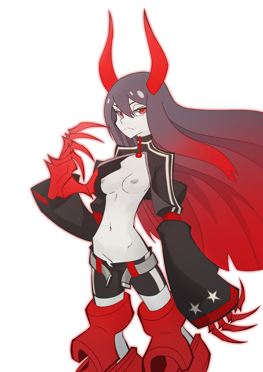 armor belt black_gold_saw black_hair black_rock_shooter breasts claws cropped_jacket female frown gradient gradient_hair highres horns jacket long_hair looking_at_viewer navel nipples pale_skin red_eyes red_hair short_shorts shorts smile solo the_pink_pirate two_tone_hair