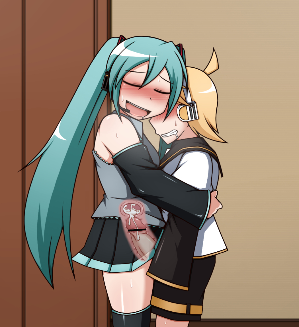 1girls black_legwear black_skirt black_thighhighs blue_hair blush censored clenched_teeth closed_eyes clothed_sex clothing color cum cum_in_pussy cum_in_uterus cum_inside cum_while_penetrated female grey_shirt hair hatsune_miku hi_res hugging kagamine_len long_hair male no_text_version open_mouth penetration penis sex skirt skirt_lift standing standing_missionary standing_sex staying teeth text thighhighs translation_request twintails uterus vagina vaginal_penetration vocaloid x-ray yagen_sasami zettai_ryouiki zettai_ryouiki(skirt)