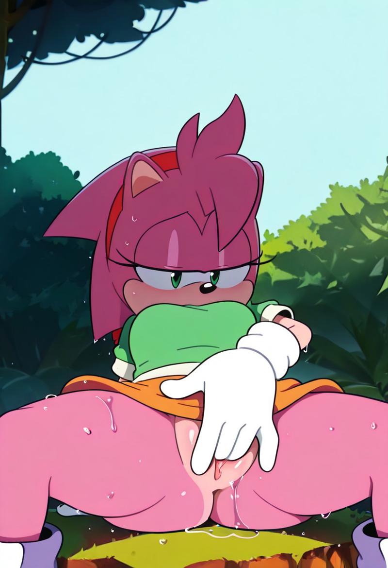 1girls ai_generated amy_rose big_thighs classic_amy_rose female fingering fingering_pussy fingering_self gloves green_eyes green_shirt hairband half-closed_eyes masturbation medium_breasts orange_skirt outdoors pink_body pink_fur pussy solo sonic_(series) sonic_the_hedgehog_(series) vagina wet_pussy