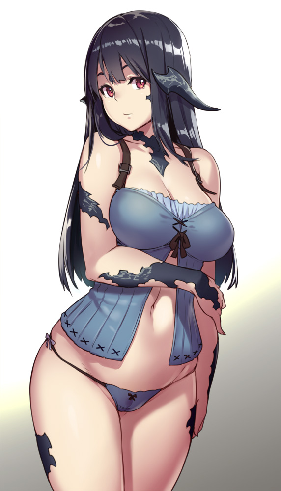 au ra, black hair, cleavage, female, final fantasy, final fantasy xiv, horns, houtengeki, long hair, navel, panties, red eyes, solo, standing, xaela