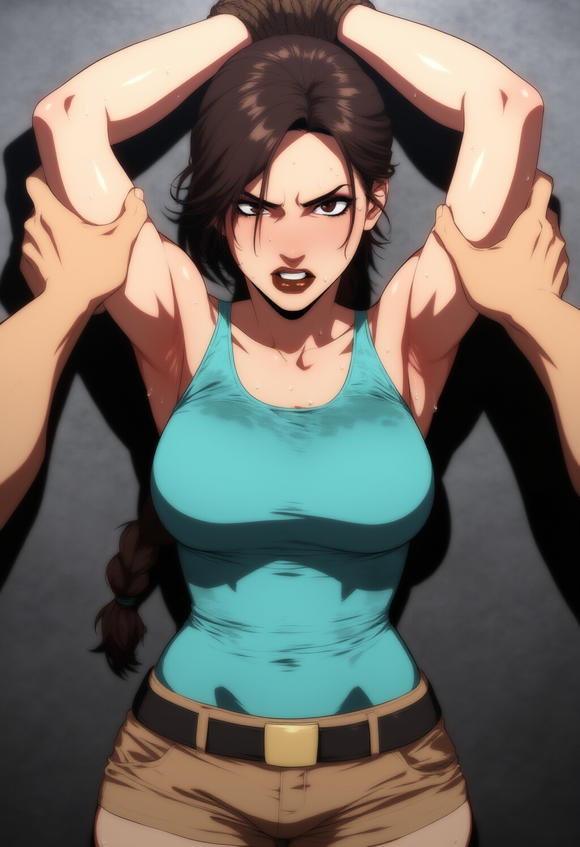 1boy against_wall ai_generated angry armpits arms_up bound bound_wrists braid brown_eyes brown_hair female hands_on lara_croft lara_croft_(classic) large_breasts lipstick pov pov_hands shorts sweat sweaty_clothes tank_top tomb_raider