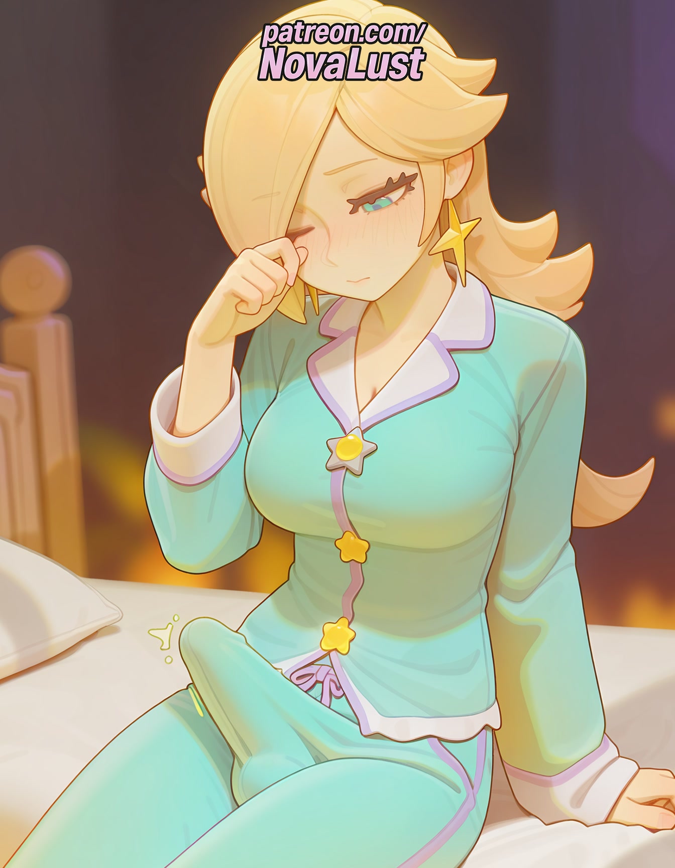 1futa, 2025, ai generated, arm support, artist name, balls, bed, blonde hair, cock, crown, dick, earrings, english text, erection, futanari, hair over one eye, hi res, high quality, high resolution, highres, intersex, jewelry, long hair, mario (series), nintendo, novalust, patreon, patreon username, penis, princess rosalina, sitting, solo, stable diffusion, star (symbol), star earrings, testicles, watermark