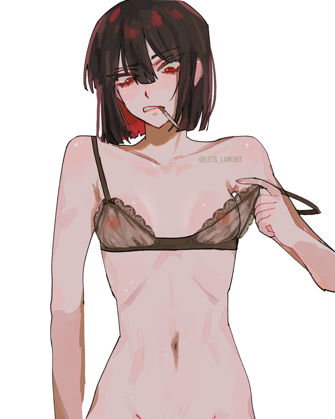 1girls, areola, areolae, belly, belly button, bra, bra lift, cigarette, collarbone, female, female focus, female only, female torso, flat chest, flat chested, flat chested female, lets lam3nt, limbus company, looking down, petite, petite body, petite female, project moon, pussy peek, ryoshu (limbus company), shoulders, skinny, skinny female, small areola, small areolae, small breasts, solo, solo female, solo focus, tagme, tummy