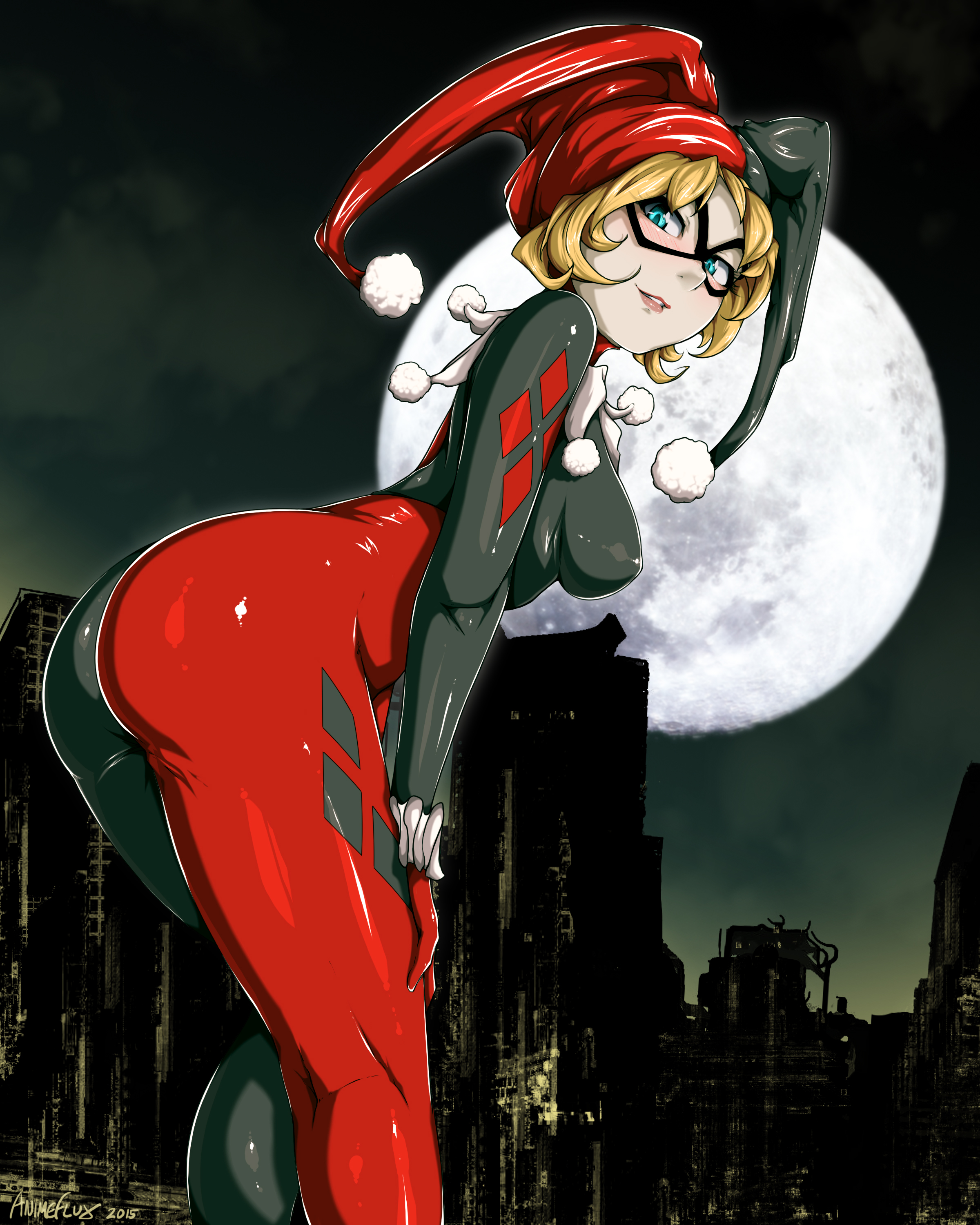 1girls, 2015, animeflux, ass, batman (series), bent over, big breasts, blonde hair, blue eyes, bodysuit, breasts, dc, dc comics, domino mask, facepaint, female, female only, harley quinn, harley quinn (classic), hat, solo, tight clothes