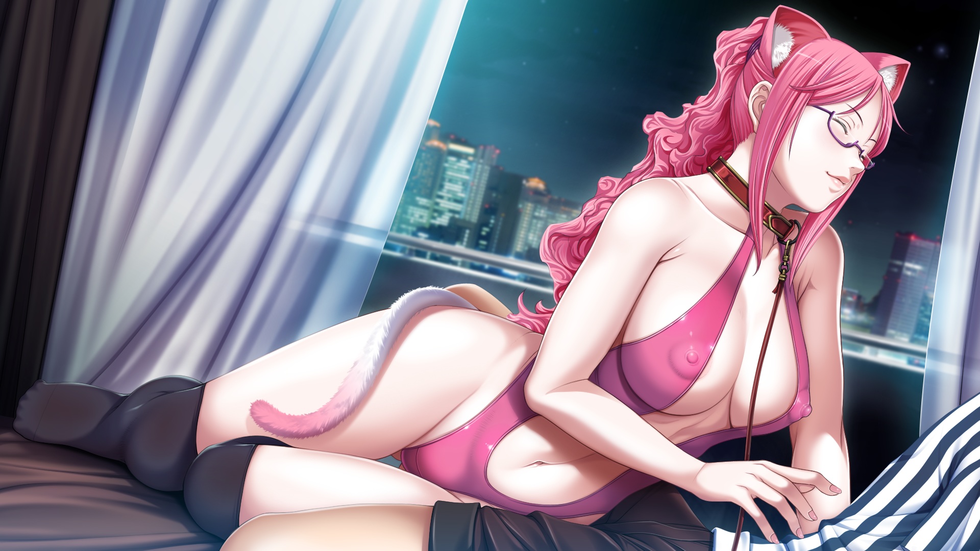 ^ ^, 1boy, 1girls, animal ears, areola slip, areolae, ass visible through thighs, assertive, bangs, bed, blush, breasts, cat ears, cat tail, center opening, closed eyes, collar, curtains, dutch angle, empress (studio), erect nipples, fake animal ears, female, femsub, game cg, glasses, happy, highleg, highleg leotard, highres, impossible clothes, impossible leotard, indoors, kneehighs, kusukawa suzune, large breasts, leash, leotard, long hair, lying, male, navel, night, nipples, no bra, on bed, p/a: potential ability, partial male, pink hair, pink lips, puffy nipples, revealing clothes, sei shoujo, semi-rimless glasses, skin tight, smile, straight, tail, under-rim glasses, wallpaper, window