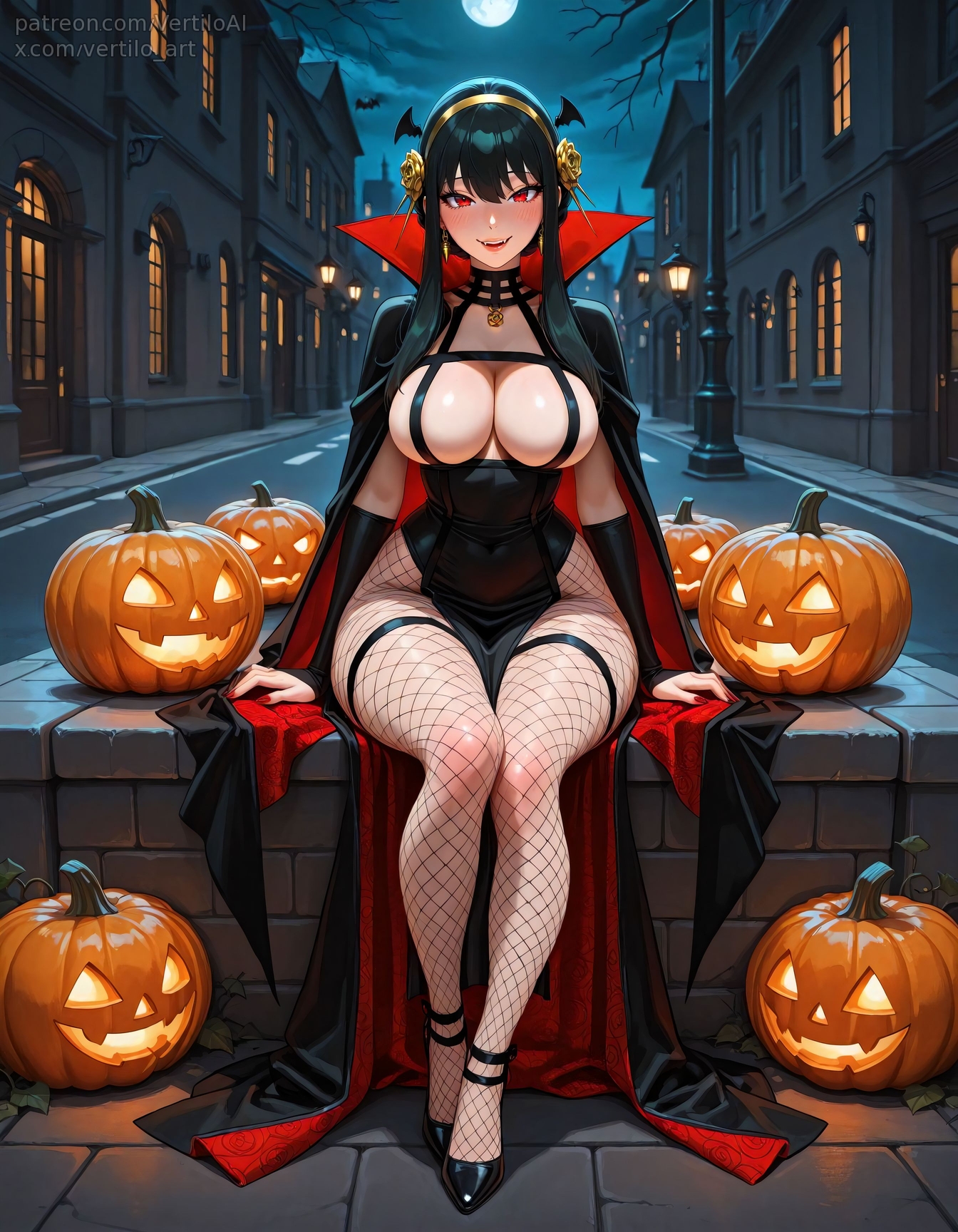 1girls, ai generated, breasts, dress, female, female only, fishnet legwear, fishnet pantyhose, fishnets, halloween, halloween costume, high collar, large breasts, nail polish, pumpkin, red nails, sitting, spy x family, vampire, vampire costume, vampire girl, vertiloart, wide hips, yor briar