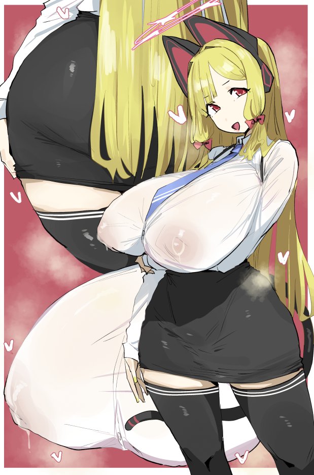 :d, 1girls, aged up, arm under breasts, ass, ass focus, blue archive, breast focus, breasts, close-up, covered erect nipples, female, from behind, game development department (blue archive), gigantic breasts, heart, huge ass, leebongchun, millennium science school student, momoi (blue archive), multiple views, nipples visible through clothing
