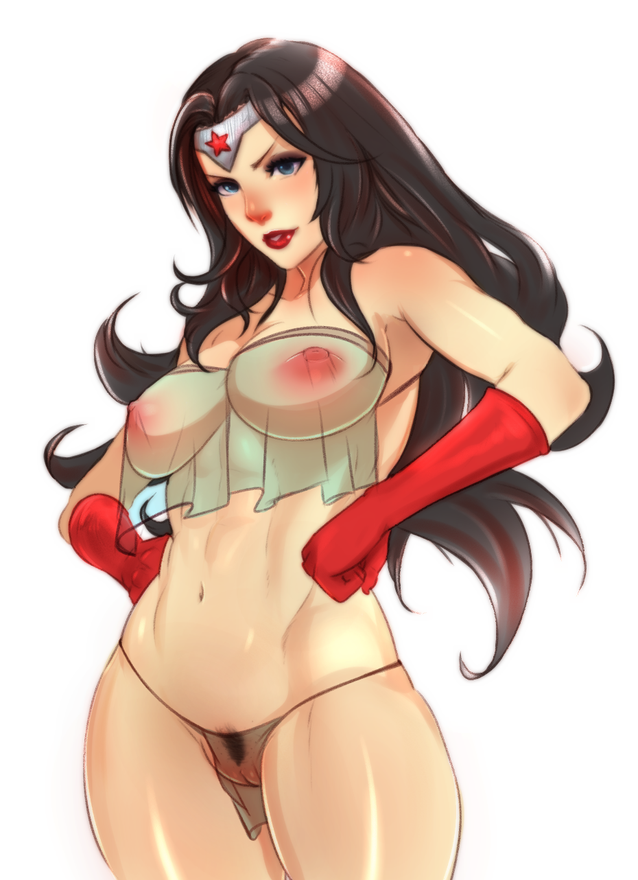 abs bare_shoulders belly black_hair blue_eyes breasts dc dc_comics elbow_gloves female gloves justice_league large_breasts legs lips lipstick loincloth long_hair navel nipples nude pubic_hair pussy red_lips red_lipstick see-through simple_background solo standing superboin thighs tiara vagina white_background wonder_woman wonder_woman_(series)