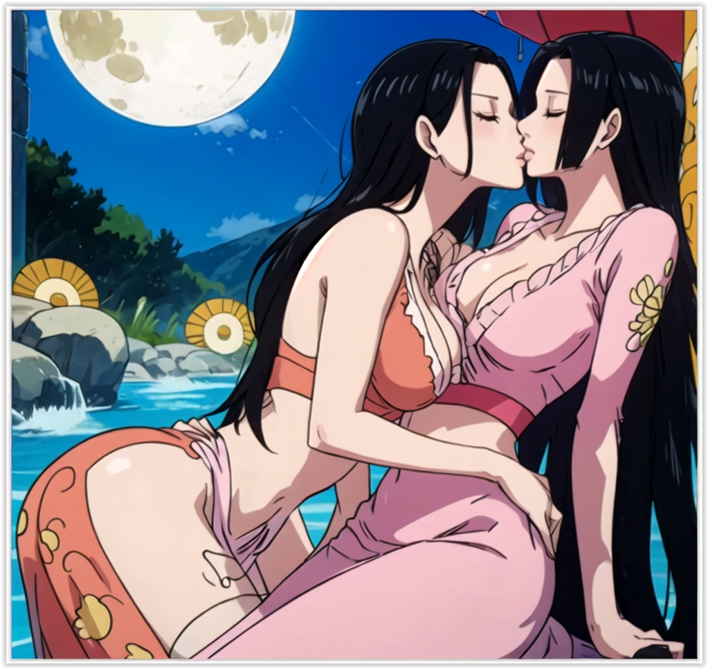 2girls 2milfs 2women ai_generated boa_hancock clothing female female_only flirting girl_on_girl guloyu84 kissing lesbian_couple lesbian_kiss lesbian_sex lovers nico_robin one_piece yuri