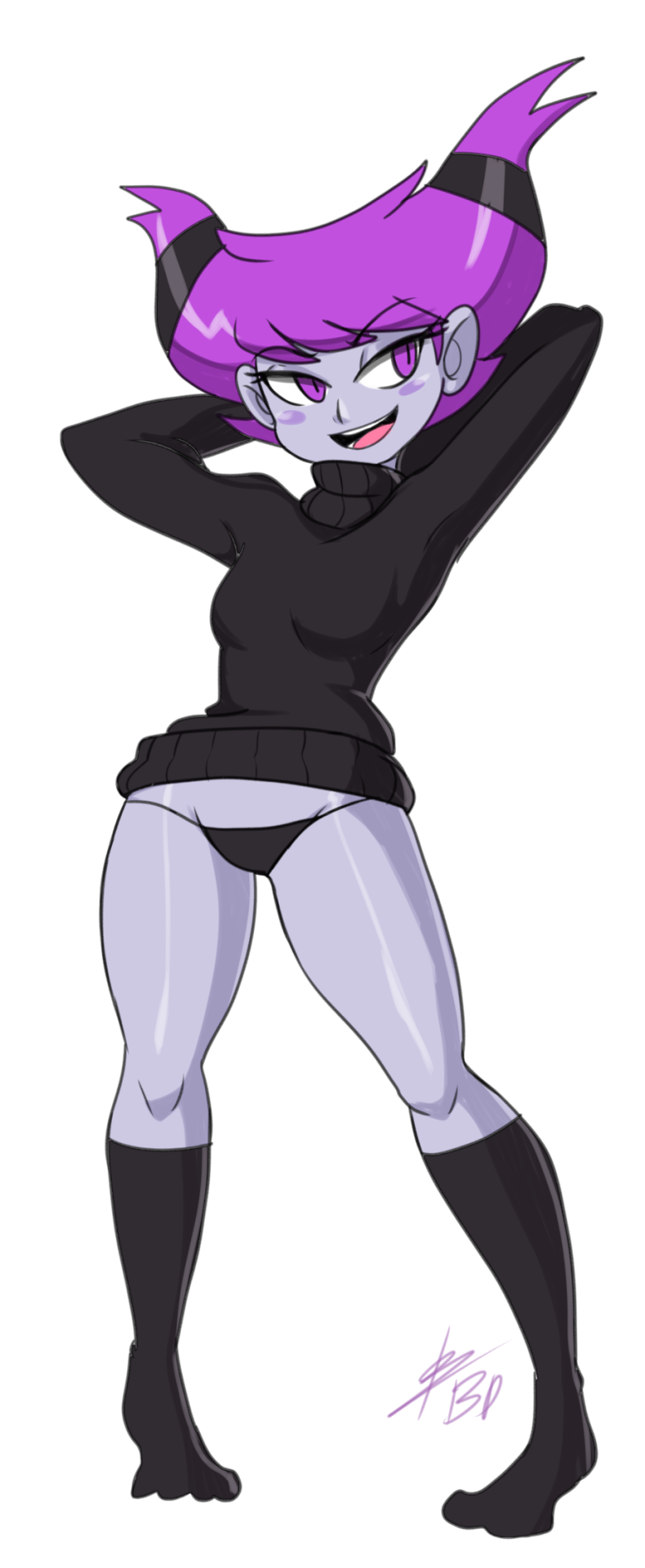 1girls, bigdeadalive, black panties, dc, dc comics, female, jinx (dc), panties, purple hair, socks, solo, sweater, teen titans, thong