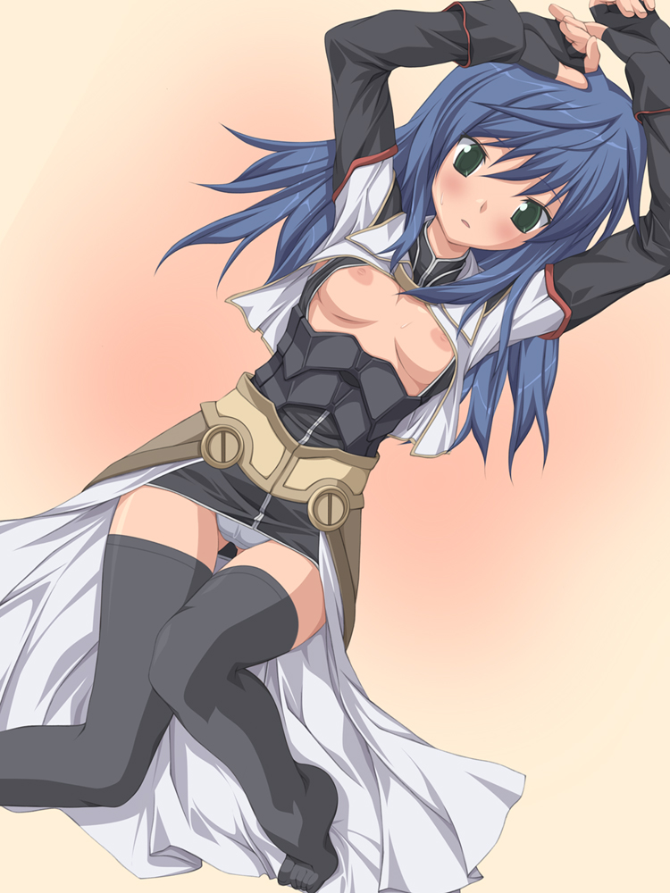 blue_hair blush breasts clothing errors feet female female_only fingerless_gloves gloves green_eyes grey_panties human koku long_hair maria_traydor miniskirt no_bra open_clothes panties skirt small_breasts solo source_request star_ocean star_ocean_3 star_ocean_till_the_end_of_time stockings thighhighs toes underwear zettai_ryouiki