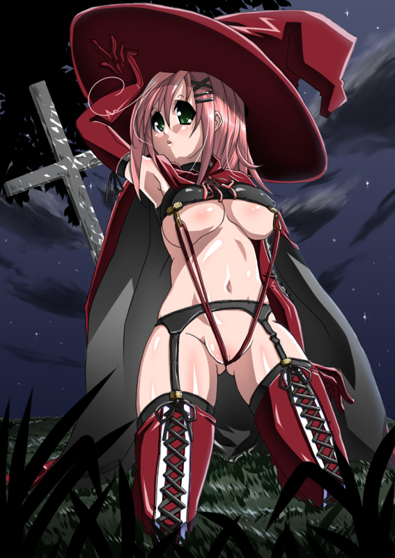 breasts copyright_request cross cute elbow_gloves green_eyes hairclip hat kneeling night night_sky no_panties pink_hair satsuki_imonet sky star star_(sky) starry_sky thighhighs uncensored underboob witch_hat