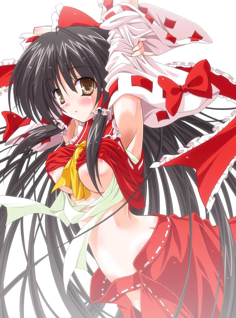 armpits black_hair blush breasts brown_eyes detached_sleeves female female_only human long_hair nipple_slip nipples open_skirt reimu_hakurei reverse_noise ribbon sarashi shirt_lift solo touhou very_long_hair yamu_(reverse_noise)