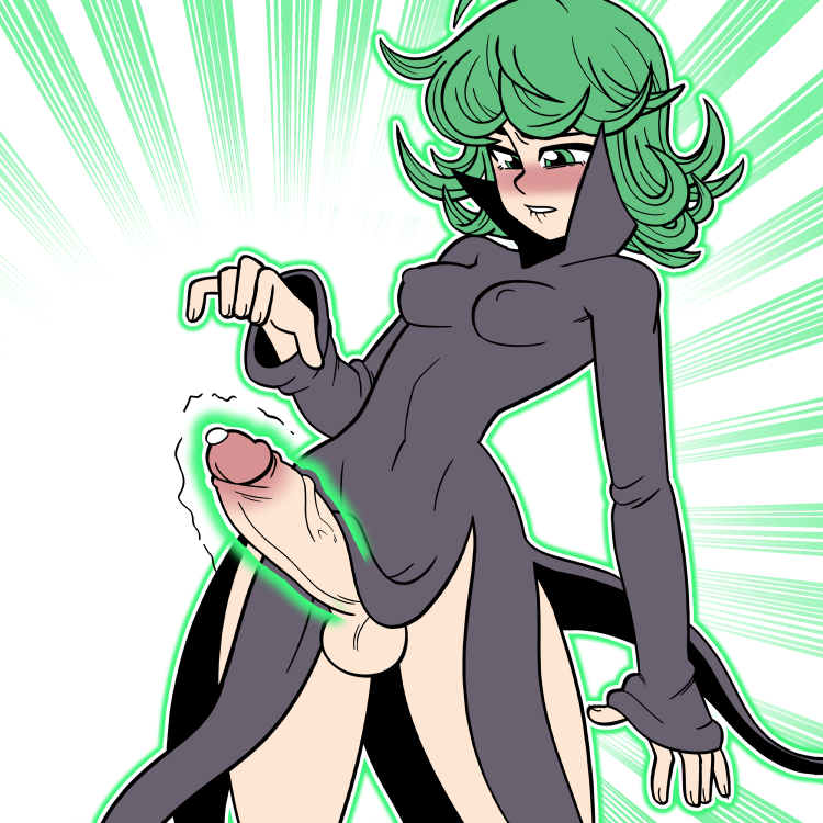 1futa, balls, biting lip, black dress, blush, bottomless, breasts, covered nipples, dress, futa only, futanari, glowing, green eyes, green hair, hands-free, high collar, intersex, looking down, no panties, one-punch man, penis, precum, psychic, psychic powers, shamefuldisplay, short hair, simple background, solo, tatsumaki, telekinesis, testicles, veins