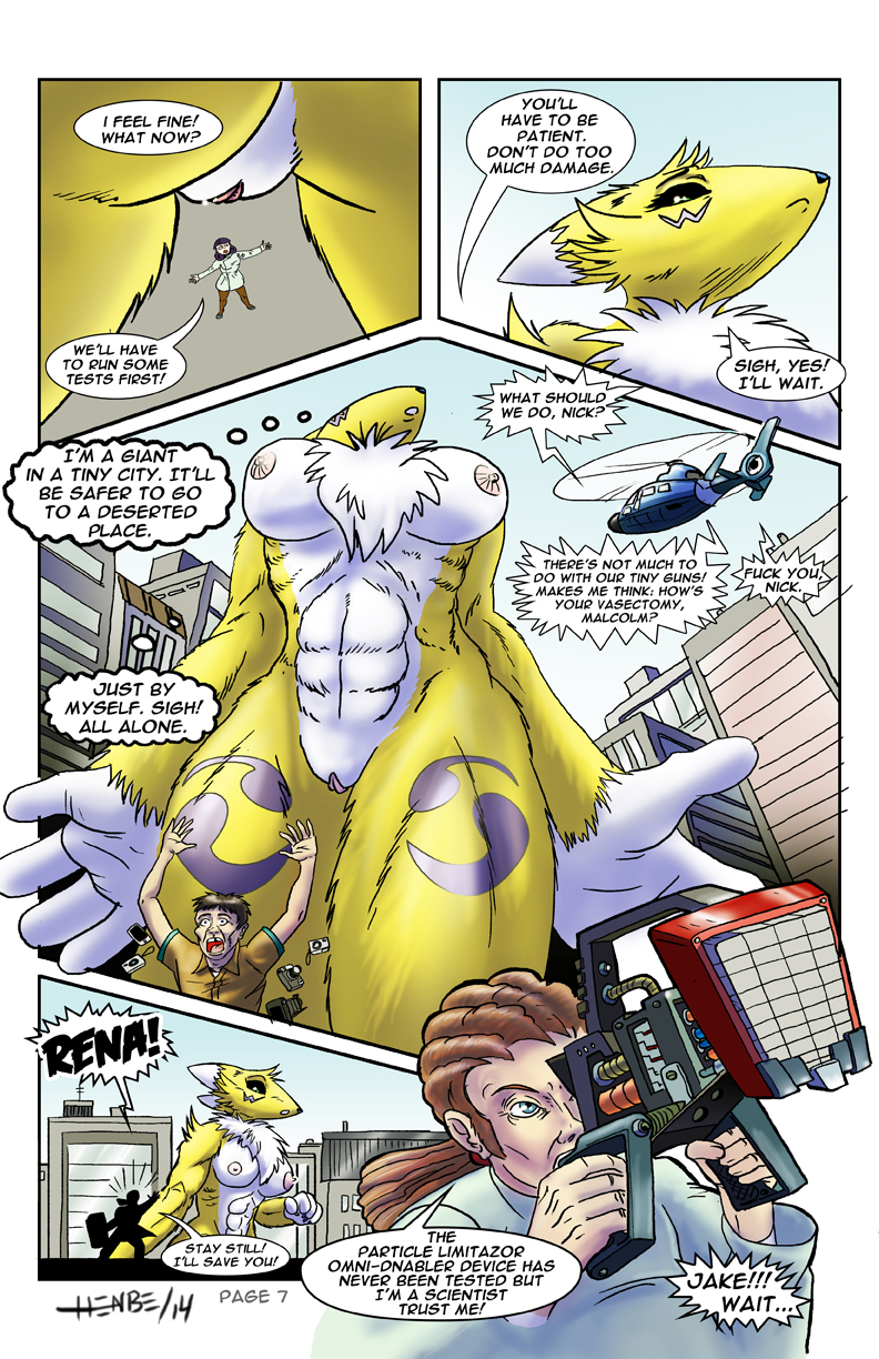 2014 abs anthro areola big_breasts breasts canine comic dialog digimon english_text erect_nipples female fox growth henbe human humor male mammal muscles muscular_female nipples nude page_7 pussy renamon text