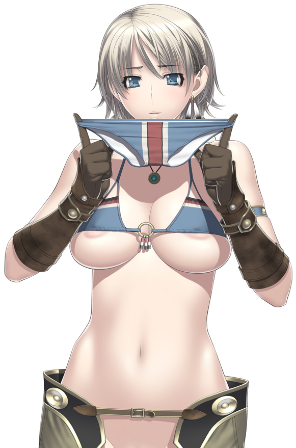 1girls alternate_costume areola areolae armlet bangs bikini bikini_top blonde_hair blue_eyes breasts capcom chaps cleavage demento earrings elbow_gloves female female_only fiona_belli gloves haunting_ground jewelry kansuke micro_bikini navel necklace nipple_slip nipples o-ring_top short_hair skimpy_clothes solo solo_female swimsuit underboob