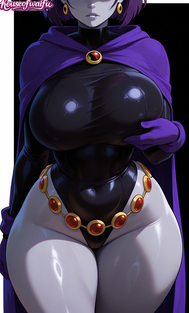 ai art, ai generated, ai-created, big ass, big breasts, curvaceous, curvy, curvy body, eyes out of frame, gray skin, houseofwaifu, huge breasts, leotard, rachel roth, raven (dc), teen titans, thick ass, thick hips, thick legs, thick thighs, wide hips
