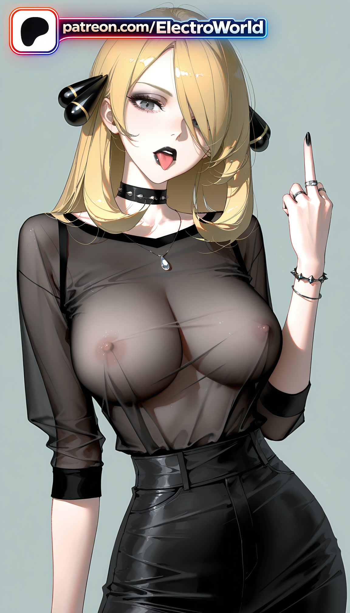 1girl, 1girls, 2026, ai generated, artist name, black nails, blonde hair, boobs, breasts, bust, chest, choker, covered nipples, cynthia (pokemon), electroworld, exposed nipples, goth, goth girl, grey eyes, hair over one eye, hi res, high quality, high resolution, highres, jewelry, long hair, nail polish, nipples, nipples outside, patreon, patreon username, pokemon, see-through, solo, stable diffusion, tits, tongue, tongue out, watermark, wet, wet clothes, wet shirt