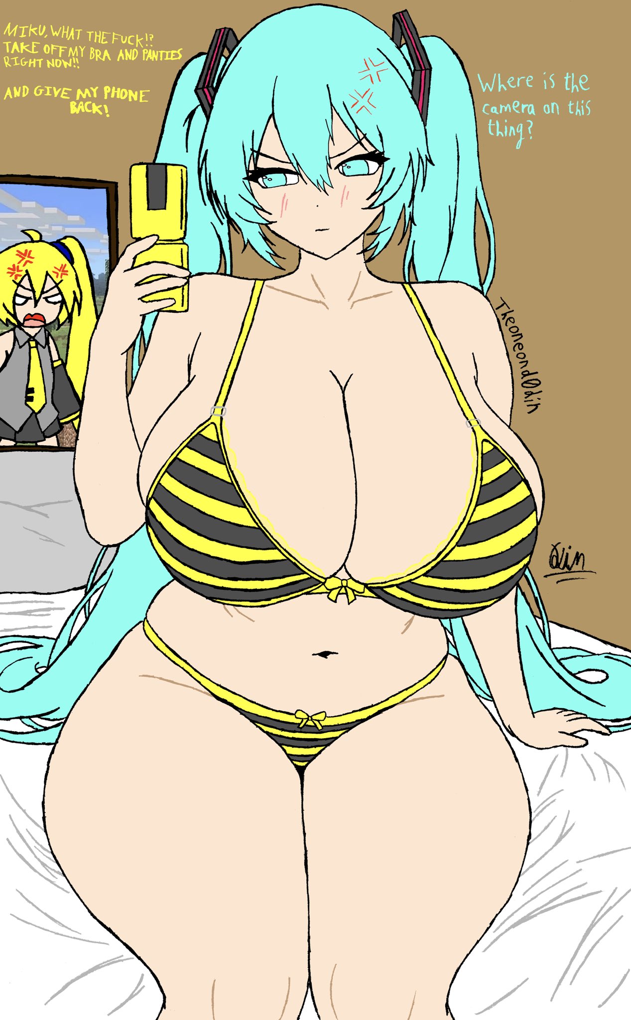 1girl, 2girls, akita neru, alternate breast size, anger vein, angry, aqua eyes, aqua hair, bed, belly, belly button, bikini, blonde hair, blue eyes, blue hair, blush, breasts, cellphone, cleavage, curvy, english dialogue, english text, fanloid, flip phone, hatsune miku, holding, holding phone, huge breasts, large breasts, long hair, multiple girls, navel, necktie, on bed, phone, plump, side ponytail, sitting, striped, striped bikini, striped bra, striped panties, swimsuit, theoneand0din, thick thighs, thighs, tie, twintails, very long hair, vocaloid, wide hips, yellow hair