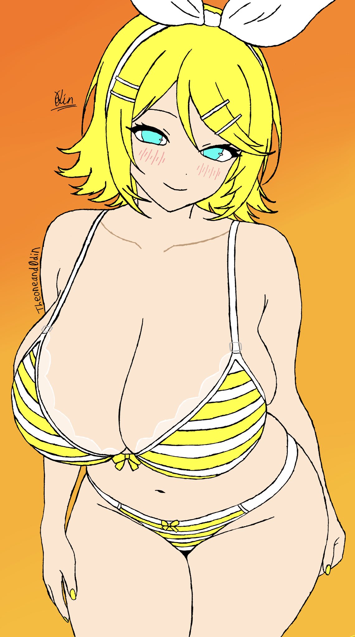 1girls, belly, belly button, blue eyes, blush, bra, cleavage, hair ribbon, huge breasts, kagamine rin, large breasts, looking at viewer, panties, smile, solo, striped bra, striped panties, theoneand0din, thighs, vocaloid, yellow hair