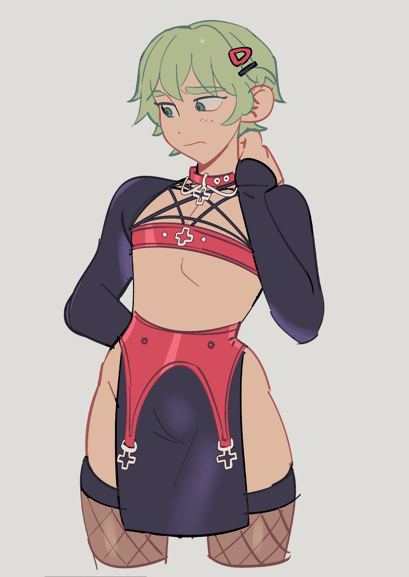 1boy, 1femboy, 2026, blush, blushing, bulge, bulge through clothing, bulge under clothes, choker, collar, digital media (artwork), exposed hips, femboy, femboy focus, femboy only, fishnets, green eyes, green hair, hair ornament, hairclip, hips, looking away, lyssahh, male, no visible genitalia, original, original character, pomme (lyssahh), revealing clothes, rubbing neck, shy, solo, solo femboy, solo male, thick thighs, thighs, white background, wide hips