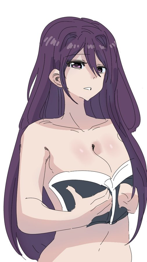 , 1girls, big breasts, book, book covering breasts, breasts, covering, covering breasts, doki doki literature club, female, female only, long hair, matching hair/eyes, meme, meme reference, nude, nude female, ouch meme, purple eyes, purple hair, solo, solo female, woomikon, yuri (doki doki literature club)