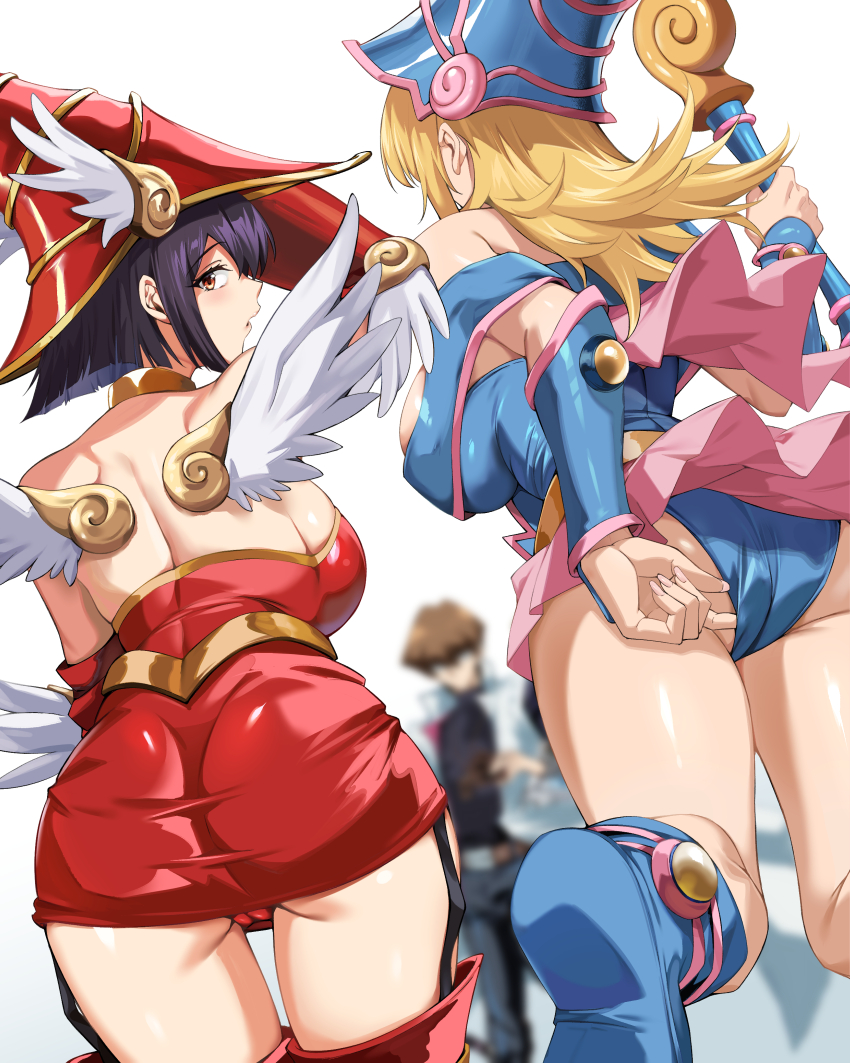 , 1boy, 2boys1girl, 2girls, apple magician girl, ass, black hair, blonde hair, bodysuit, butt, dark magician girl, duel monster, flying, gloves, hand on ass, hand on butt, hi res, kyoukosirahuji, large ass, looking at viewer, looking back, low-angle view, magician, naha78pr, rear view, robe, seto kaiba, short hair, sideboob, skirt, skirt lift, suit, summoning, teenager, thighs, wings, younger female, yu-gi-oh!, yu-gi-oh! duel monsters