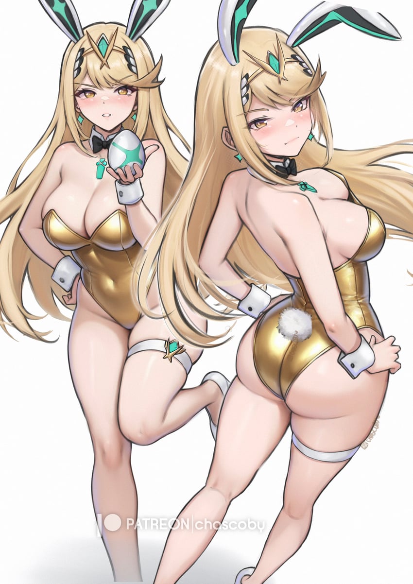 1girls, alternate version available, annoyed, annoyed expression, ass, blonde hair, blush, bow, bowtie, breasts, bunny ears, bunny tail, bunnysuit, chascoby, collar, colored, core crystal, core crystal (xenoblade), cuff links, earrings, egg, fake animal ears, fake tail, hand on hip, heels, high heels, jewelry, large ass, large breasts, leotard, long hair, looking at viewer, monolith soft, multiple views, mythra, nintendo, tagme, thick thighs, thigh strap, thighs, tiara, xenoblade (series), xenoblade chronicles 2, yellow eyes
