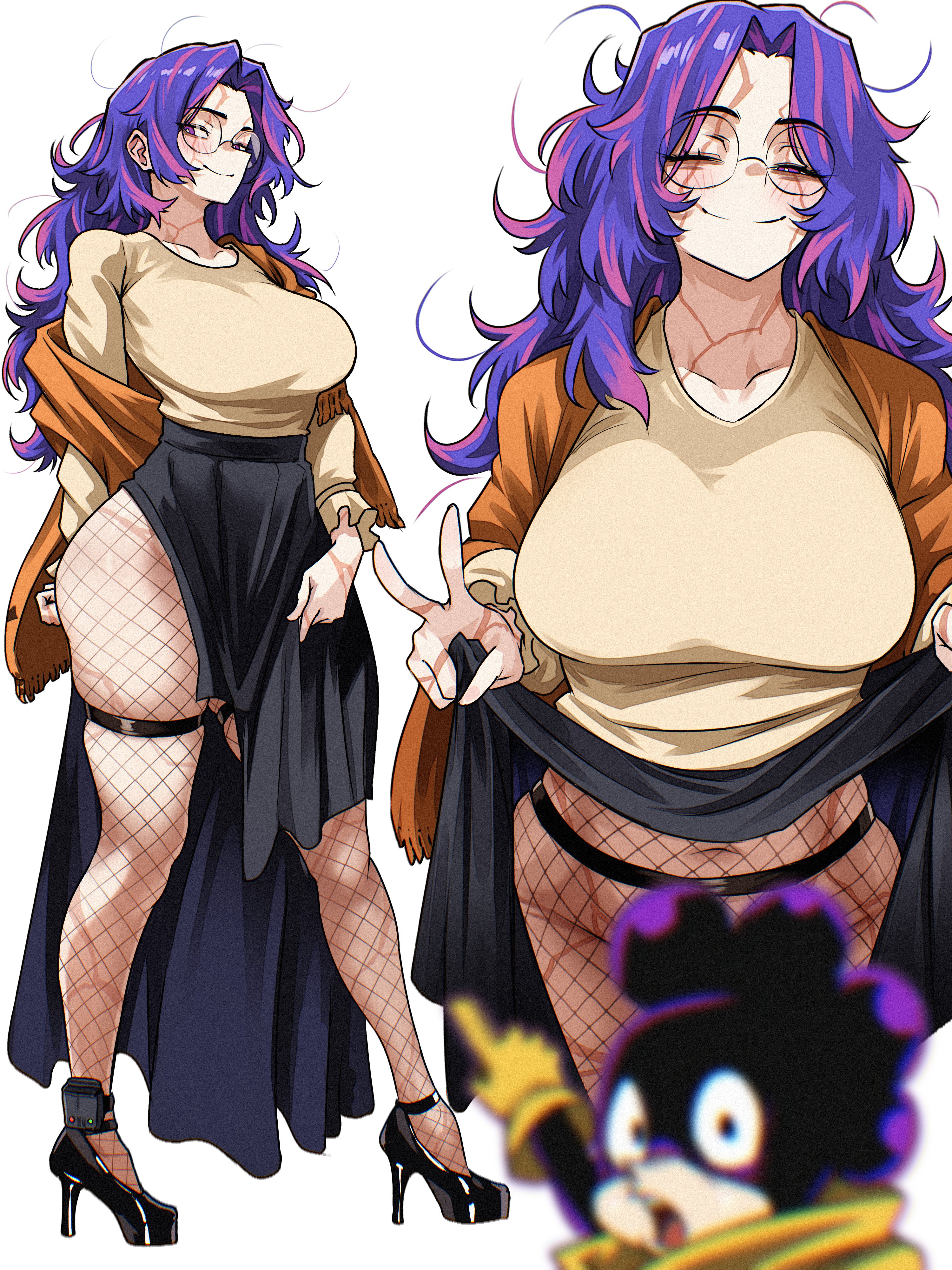 1boy, 1girls, absurdres, big breasts, black shoes, black skirt, blurry, blurry foreground, boku no hero academia, breasts, closed mouth, collarbone, commentary request, convenient censoring, female, fishnets, glasses, highres, kaina tsutsumi, lady nagant, large breasts, long hair, looking at viewer, male, mineta minoru, multicolored hair, multiple views, my hero academia, my hero academia (finale), one eye closed, post-timeskip, purple hair, round eyewear, scar, scar across eye, scar on face, scar on neck, scars, shoes, simple background, skirt, smile, spanish commentary, standing, thigh strap, two-tone hair, vlizz, white background