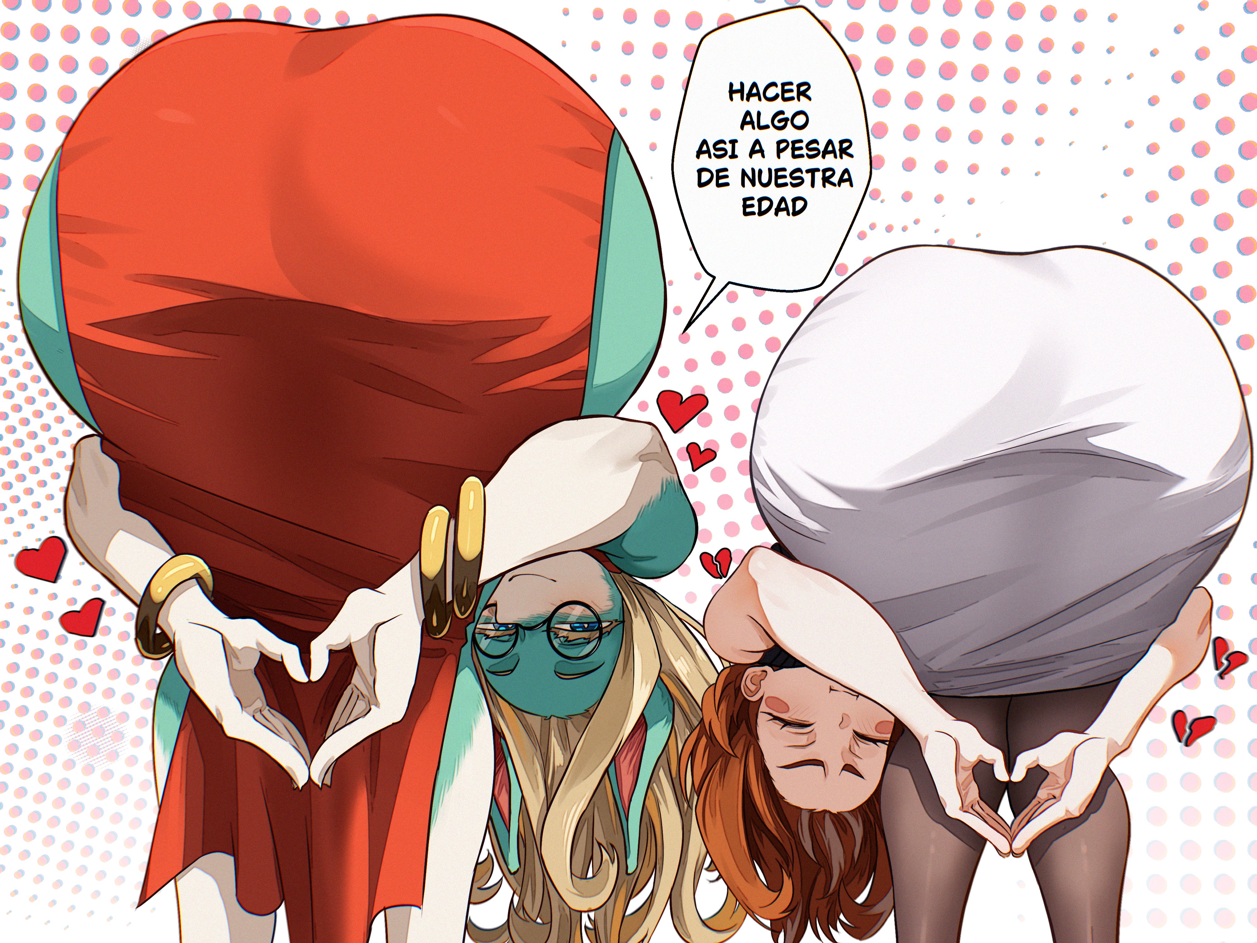 2d, 2d (artwork), 2girls, absurdres, aged up, amen pose (meme), ass, big ass, black-framed eyewear, blonde hair, blue eyes, boku no hero academia, bracelet, brown hair, closed eyes, commentary request, dress, furry, furry female, glasses, greying hair, heart, heart hands, highres, ippan josei, jewelry, long hair, looking at viewer, meme, multiple girls, my hero academia, my hero academia (finale), ochako uraraka, polka dot, polka dot background, post-timeskip, praise da booty (meme), red dress, round eyewear, short hair, spanish commentary, spanish text, speech bubble, translated, uraraka ochako, vlizz, white background, white dress