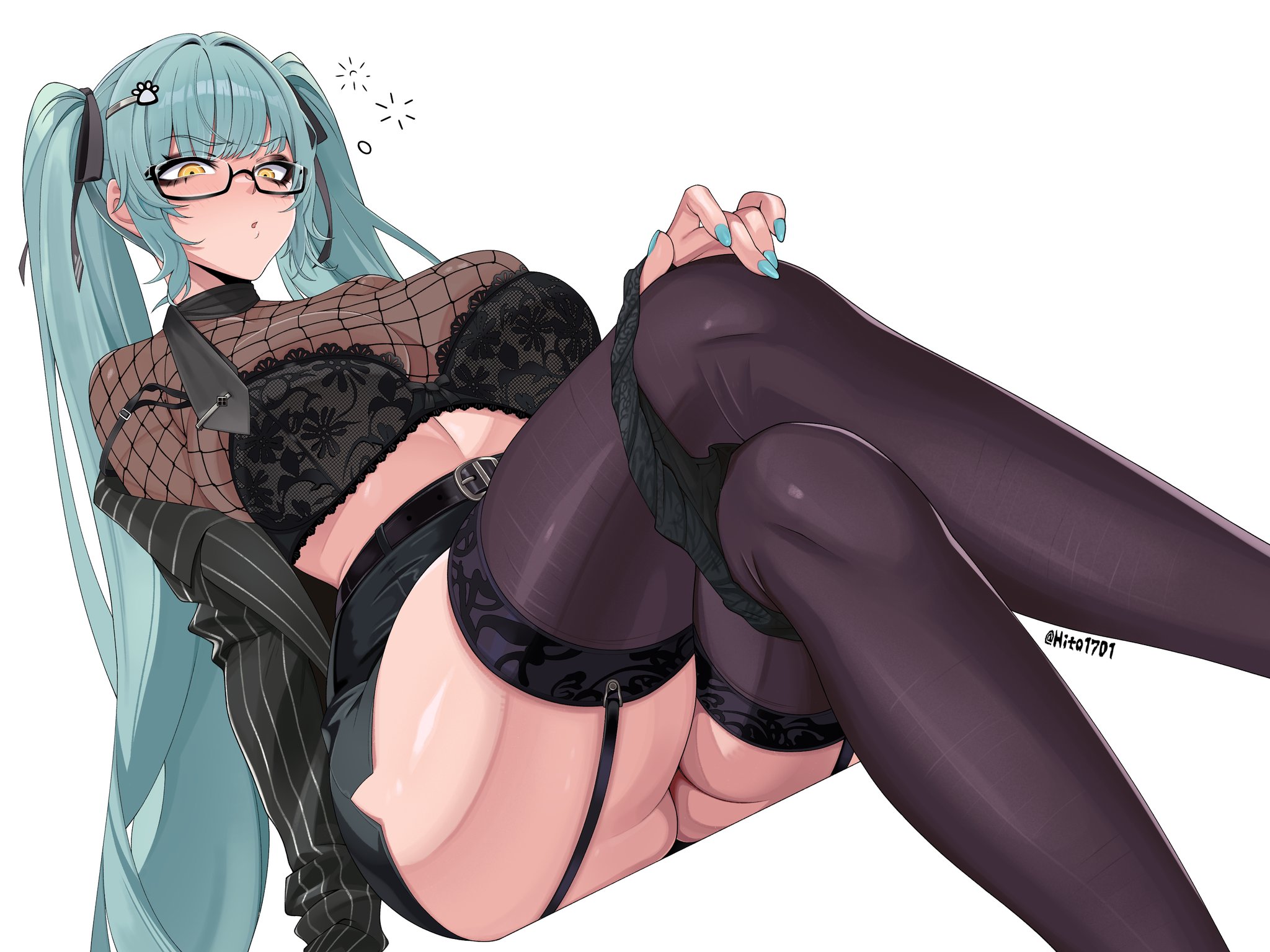 1girl, black shirt, black thighhighs, black-framed eyewear, blue nails, breasts, cleavage, crossed legs, glasses, goddess of victory: nikke, highres, hito kirii, large breasts, long hair, long sleeves, open mouth, privaty (nikke), privaty (sharp lesson) (nikke), rectangular eyewear, shirt, simple background, sitting, solo, thighhighs, twintails, white background, yellow eyes