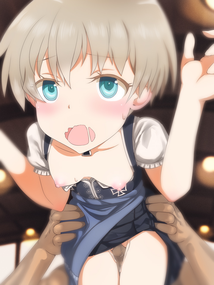 1boy 1girls apron bent_over black_dress blue_apron blue_eyes blush cunnilingus dirndl dress german_clothes kantai_collection nipples open_mouth oral pussy_juice rbx_lamen short_hair silver_hair small_breasts solo_focus straight sweat tracht wavy_mouth z1_leberecht_maass_(kantai_collection)