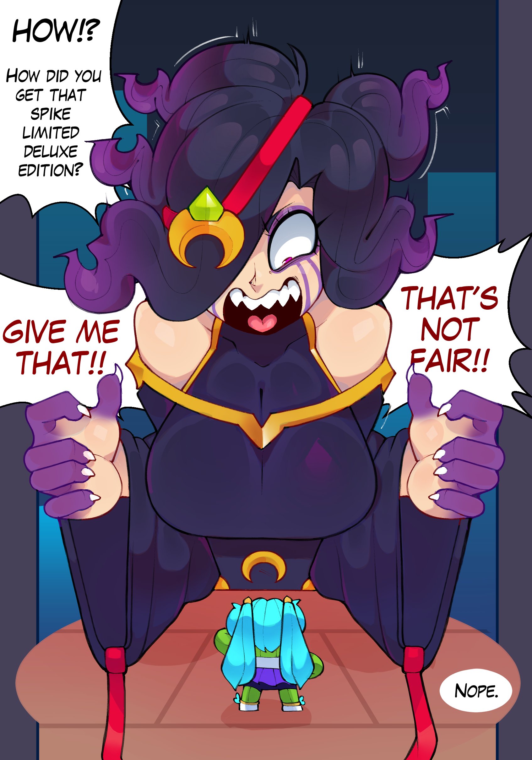 black dress, black hair, brawl stars, colette (brawl stars), endorx, exposed shoulders, gold jewelry, gradient hair, headband, magenta eyes, makeup, medium breasts, sharp nails, sharp teeth, shocked, shocked expression, void colette (brawl stars)