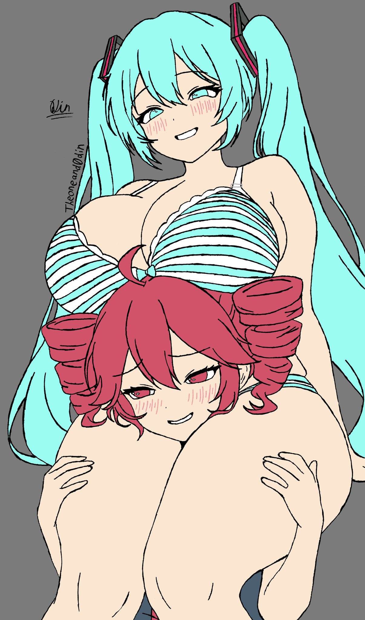 2girls, ahoge, alternate breast size, aqua eyes, aqua hair, artist name, blush, bra, breast rest, breasts, breasts on head, crossover, drill hair, face between thighs, grey background, grin, half-closed eyes, hand on another, hand on another's thigh, hatsune miku, head between thighs, huge breasts, kasane teto, large breasts, long hair, looking at viewer, looking down, multiple girls, panties, piggyback, red eyes, red hair, s thigh, simple background, sitting, smile, striped, striped bra, striped panties, theoneand0din, thick thighs, thighs, twin drills, twintails, underwear, underwear only, utau, very long hair, vocaloid, yuri