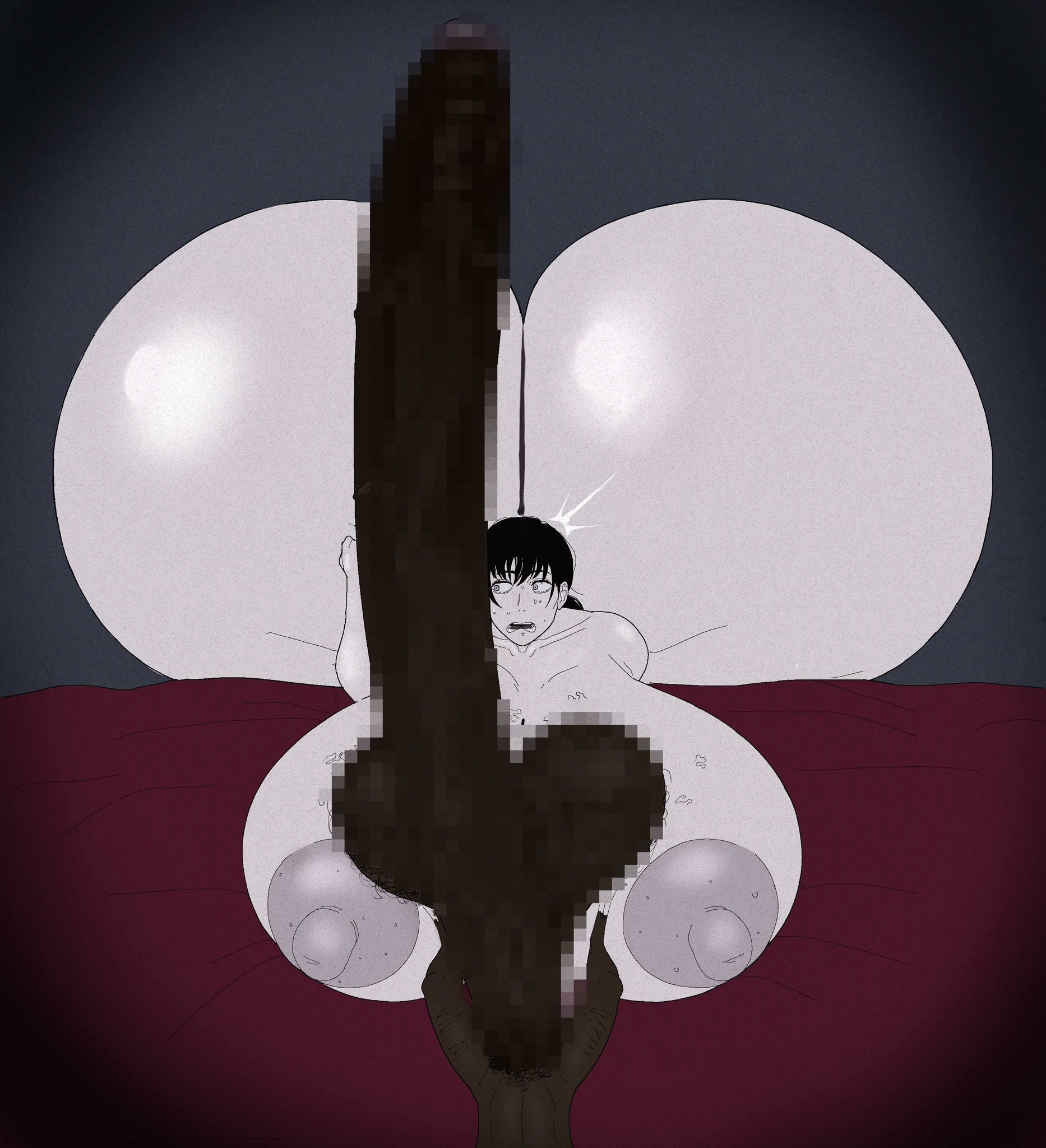 alternate version available, bed, bedroom, big ass, big breasts, big nipples, big penis, black hair, censored, censored penis, chainsaw man, comparing penis, comparing to arm, dark-skinned male, erect nipples, erect penis, erection, glands of montgomery, hyper, hyper ass, hyper breasts, hyper penis, long penis, looking at penis, mitaka asa, montgomery glands, naked, nipples, on bed, penis, pubes, pubes on breast, pubes on skin, scared, scared expression, shocked, shocked expression, shocked eyes, sweat, sweating, varix