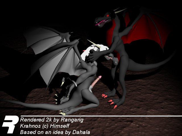 2000 3d anthro antithesis black_hair dragon duo erection evil_krahnos evil_self hair handcuffs krahnos male oral penis rangarig red_eyes shackles tagme white_hair yaoi yellow_eyes